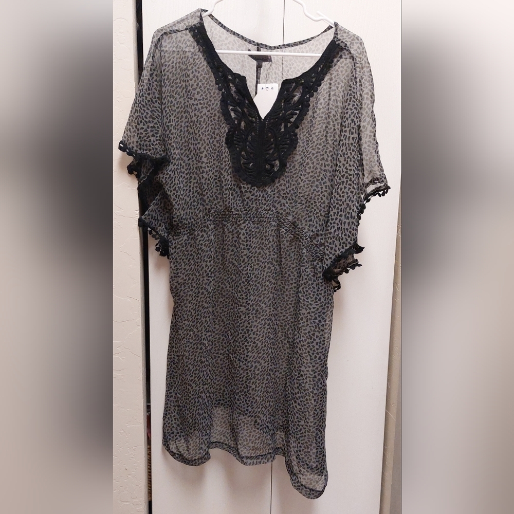 Mad Modele Animal Print NWT Sheer Grey and Black Cheetah Dress Size 1X Pom Poms